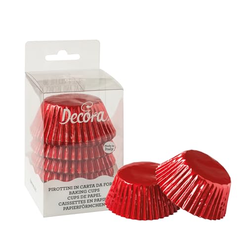 Decora, 0339798 Packung mit 60 Förmchen Rot Metallic 50 x 32 mm, zum Backen, Präsentieren und Verschenken von Muffins und Süßigkeiten, hitzebeständig bis 180 °C, in praktischer Blisterverpackung, Made von Decora