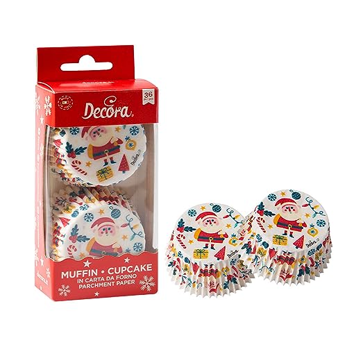 Decora, 0339897 Packung mit 36 Förmchen Frohe Weihnachten, 50 x 32 mm, zum Backen, Präsentieren und Verschenken von Muffins und Süßigkeiten, hitzebeständig bis 180 °C, in praktischer von Decora