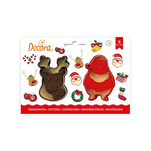 Decora 0255095 AUSSTECHER AUS Kunststoff WEIHNACHTSMANN UND Rentier 2-TLG, Plastic, rot von Decora