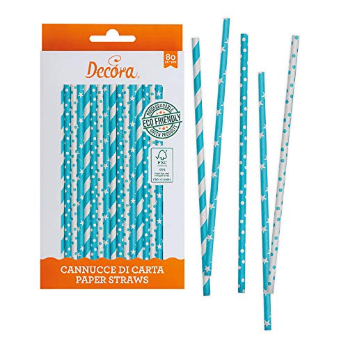 Decora 0350108 80ER-Pack Papier STROHHALME Bio Stars&POIS Blue Sky Ø 6 X 210 MM von Decora