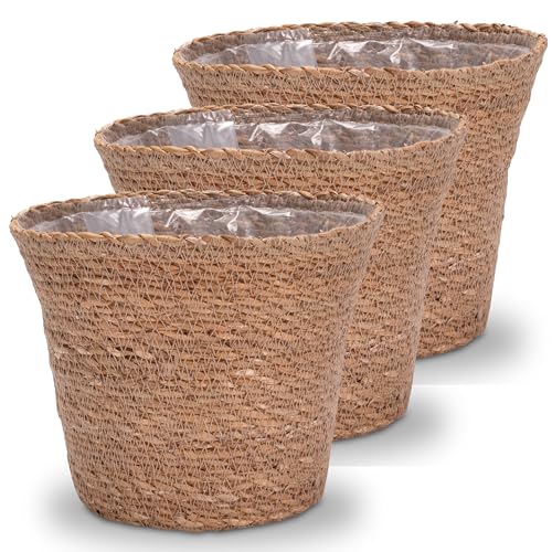 Decorasian Pflanzkorb – Übertopf geflochten – dekorativer Seegras Blumentopf mit Folieneinsatz im Boho Stil, 3 Stück 20cm von Decorasian