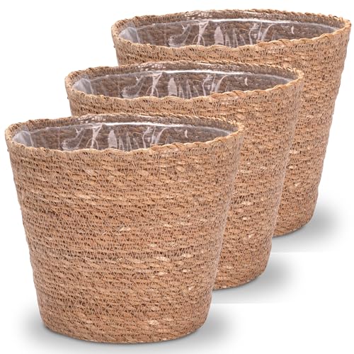 Decorasian Pflanzkorb – Übertopf geflochten – dekorativer Seegras Blumentopf mit Folieneinsatz im Boho Stil, 3 Stück 22cm von Decorasian