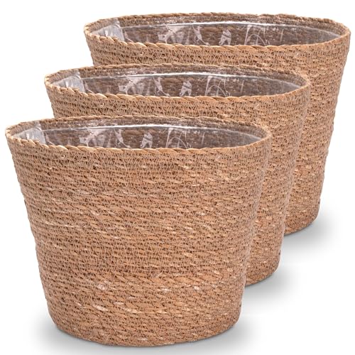 Decorasian Pflanzkorb – Übertopf geflochten – dekorativer Seegras Blumentopf mit Folieneinsatz im Boho Stil, 3 Stück 25cm von Decorasian