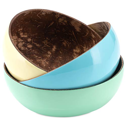 Decorasian Schalen aus echter Kokosnuss - Coconut Bowl - Kokosschale innen poliert, außen dekorativ lackiert - 3er Set blau, Mint, gelb von Decorasian