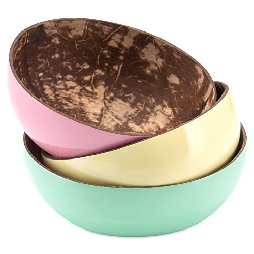 Decorasian Schalen aus echter Kokosnuss - Coconut Bowl - Kokosschale innen poliert, außen dekorativ lackiert - 3er Set rosa, Mint, gelb von Decorasian