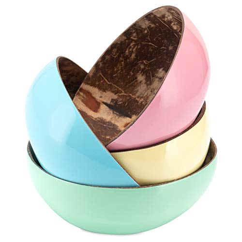 Decorasian Schalen aus echter Kokosnuss - Coconut Bowl - Kokosschale innen poliert, außen dekorativ lackiert - 4er Set gelb, blau, rosa, Mint von Decorasian