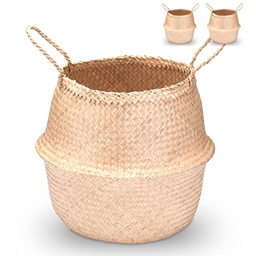 Decorasian Seegras Korb rund geflochten, Körbe zur Aufbewahrung und als Blumenkorb - Übertopf in Bast BZW. Rattan Optik - Seegraskorb mit Henkel zum Tragen - Wäschekorb - 2 Stück 40cm von Decorasian