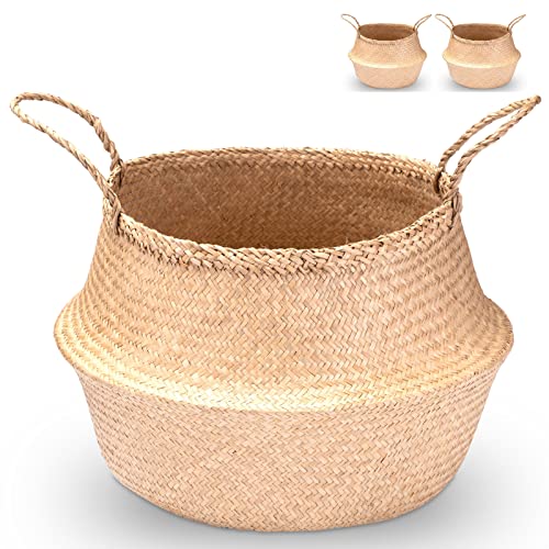 Decorasian Seegras Korb rund geflochten, Körbe zur Aufbewahrung und als Blumenkorb - Übertopf in Bast BZW. Rattan Optik - Seegraskorb mit Henkel zum Tragen - Wäschekorb - 2 Stück 45cm von Decorasian