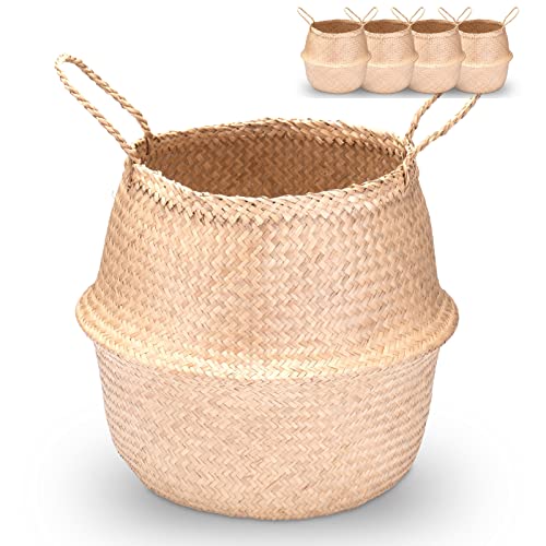 Decorasian Seegras Korb rund geflochten, Körbe zur Aufbewahrung und als Blumenkorb - Übertopf in Bast BZW. Rattan Optik - Seegraskorb mit Henkel zum Tragen - Wäschekorb - 4 Stück 40cm von Decorasian