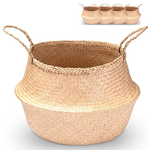 Decorasian Seegras Korb rund geflochten, Körbe zur Aufbewahrung und als Blumenkorb - Übertopf in Bast BZW. Rattan Optik - Seegraskorb mit Henkel zum Tragen - Wäschekorb - 4 Stück 45cm von Decorasian