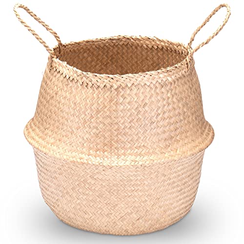 Decorasian Seegras Korb rund geflochten, Körbe zur Aufbewahrung und als Blumenkorb - Übertopf in Bast BZW. Rattan Optik - Seegraskorb mit Henkel zum Tragen - Wäschekorb - 40cm von Decorasian