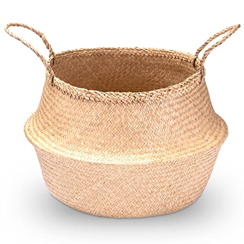 Decorasian Seegras Korb rund geflochten, Körbe zur Aufbewahrung und als Blumenkorb - Übertopf in Bast BZW. Rattan Optik - Seegraskorb mit Henkel zum Tragen - Wäschekorb - 45cm von Decorasian