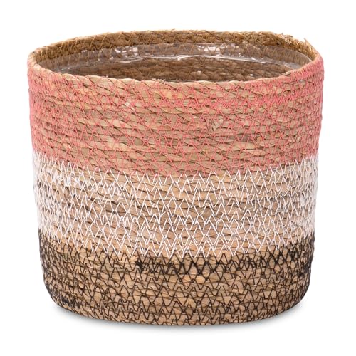 Decorasian Seegras Übertopf – Blumentopf geflochten – dekorativer Planzenkorb mit Folieneinsatz im Boho Stil – Pink-Weiß-Schwarz - 16cm von Decorasian