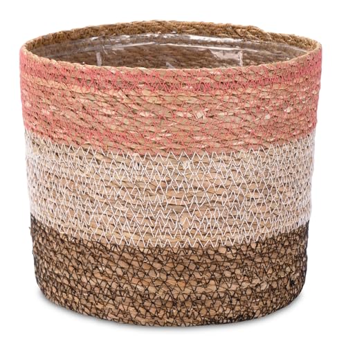 Decorasian Seegras Übertopf – Blumentopf geflochten – dekorativer Planzenkorb mit Folieneinsatz im Boho Stil – Pink-Weiß-Schwarz - 20cm von Decorasian
