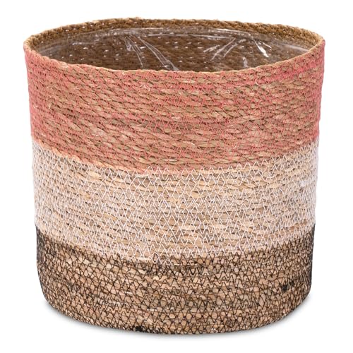 Decorasian Seegras Übertopf – Blumentopf geflochten – dekorativer Planzenkorb mit Folieneinsatz im Boho Stil – Pink-Weiß-Schwarz - 25cm von Decorasian