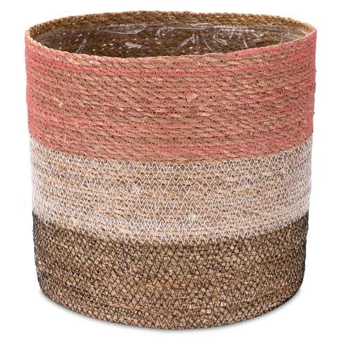 Decorasian Seegras Übertopf – Blumentopf geflochten – dekorativer Planzenkorb mit Folieneinsatz im Boho Stil – Pink-Weiß-Schwarz - 30cm von Decorasian