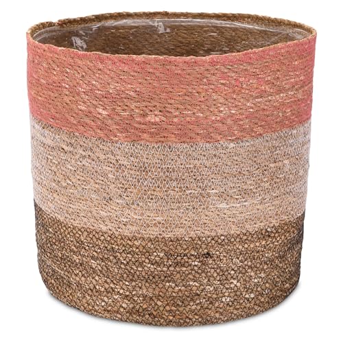 Decorasian Seegras Übertopf – Blumentopf geflochten – dekorativer Planzenkorb mit Folieneinsatz im Boho Stil – Pink-Weiß-Schwarz - 35cm von Decorasian