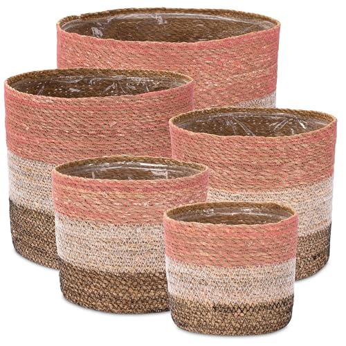 Decorasian Seegras Übertopf – Blumentopf geflochten – dekorativer Planzenkorb mit Folieneinsatz im Boho Stil – Pink-Weiß-Schwarz - 5er Set von Decorasian