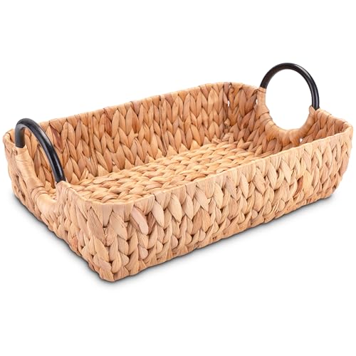 Decorasian Serviertablett geflochten aus Wasserhyazinthe – Deko Tablett rechteckig mit Griffen - Natur Holztablett als Frühstückstablett oder Hockertablett - 45 x 25 x 11cm von Decorasian