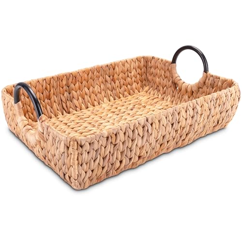 Decorasian Serviertablett geflochten aus Wasserhyazinthe – Deko Tablett rechteckig mit Griffen - Natur Holztablett als Frühstückstablett oder Hockertablett - 50 x 35 x 12cm von Decorasian