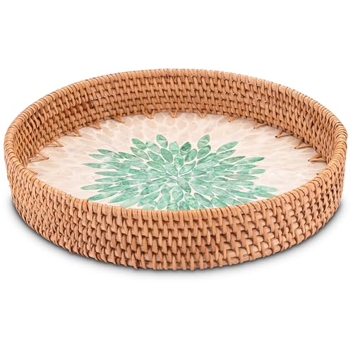Decorasian Vintage Tablett aus Rattan mit Muschel Mosaik – Dekotablett und Serviertablett mit Griff im Boho Stil - Durchmesser 30cm von Decorasian