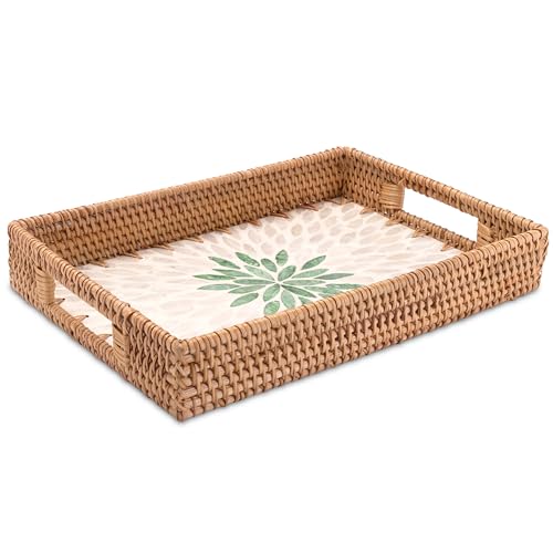Decorasian Vintage Tablett aus Rattan mit Muschel Mosaik – Dekotablett und Serviertablett mit Griff im Boho Stil - Größe 32cm x 22cm von Decorasian