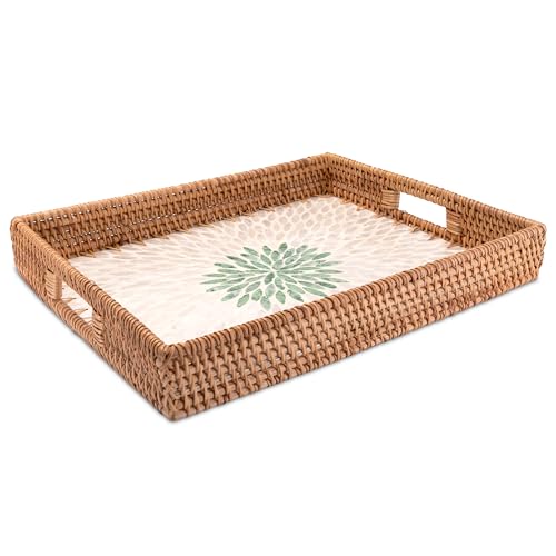 Decorasian Vintage Tablett aus Rattan mit Muschel Mosaik – Dekotablett und Serviertablett mit Griff im Boho Stil - Größe 43cm x 33cm von Decorasian
