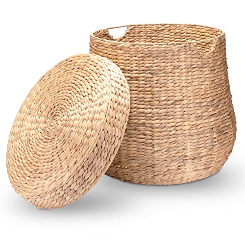 Decorasian Wäschekorb geflochten mit Deckel - groß und rund – großer Korb aus Wasserhyazinthe mit Henkel – Wäschesammler Rattan mit Griff - Aufbewahrung - 58cm von Decorasian