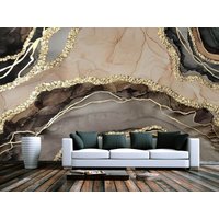 Abstrakte Braun Schwarz Elfenbein Gold Marmor Tapete Moderne Wand Dekor Fluid Art Vinyl Fototapete Große Wandbilder Funkelnd von DecorationBoutiqShop