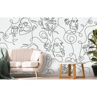 Schönheit Elegant Linie Kunst Frau Gesicht Und Blumen Wallpaper Moderne Wanddekor Schwarz Weiß Farben Abstrakt Foto Premium von DecorationBoutiqShop