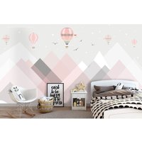 Abstrakte Rosa Berge Und Luftballons Kindertapete Kinderzimmer Mädchenzimmer Dekor Vinyl Fototapete Geometrisch Große Wand Wandbilder von DecorationBoutiqShop