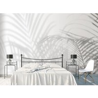 Abstrakter Hintergrund Schatten Palmen Blätter Tapete Moderne Wand Dekor Weißer Vinyl Fototapete Neutral Große Wandbilder von DecorationBoutiqShop