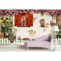 Alte Wand Mit Fenster Blumen Foto Wallpaper Kunst Wandbild Dekor Vintage Große Wandmalerei Enko von DecorationBoutiqShop