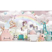 Baby-Tapete Märchen-Einhörner Regenbogen Foto-Tapete Wandbild Für Kinder Kinderzimmer Wanddeko Große Wandbilder von DecorationBoutiqShop
