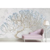 Blühender Baum Auf Grauem Beton Hintergrund Tapete Moderne Wanddekoration Blau Blumen Vinyl Fototapete Premium Qualität Große Wand Wandbild von DecorationBoutiqShop