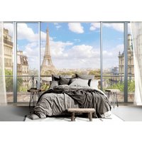 Fensterblick Eiffelturm Paris Traditionelle Tapete Moderne Wanddekoration Architektur Große Wand Wandbilder Vinyl Fototapete Premium von DecorationBoutiqShop