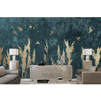 Gold Schilf Und Vögel Tapete Moderne Wand Dekor Premium Qualität Vinyl Fototapete Alte Risswand Große Wandbilder von DecorationBoutiqShop