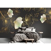 Gold Vektor Blumen Auf Schwarzem Hintergrund Tapete Moderne Wand Dekor Floral Dark Vinyl Fototapete von DecorationBoutiqShop