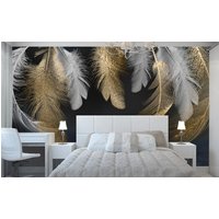 Gold Weiße Federn Tapete Moderne Wanddekor Schlafzimmer Wohnzimmer Vinyl Große Wandmalereien von DecorationBoutiqShop