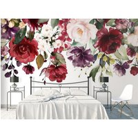 Große Aquarell Blumen Knospen Tapete Moderne Wand Dekor Lila Rot Rosa Pfingstrosen Rosen Vinyl Fototapete Wandbild von DecorationBoutiqShop