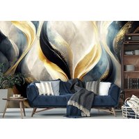 Abstrakte Luxus Marmor Blau Goldene Wellen Wallpaper Moderne Wand Dekor Fluid Art Große Wandbilder von DecorationBoutiqShop