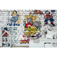 Kinder Graffiti Auf Weißem Backstein Wand Kinderzimmer Dekor Vinyl Fototapete Street Art Große Wandbilder Druck Für Teenager Ungiftig von DecorationBoutiqShop