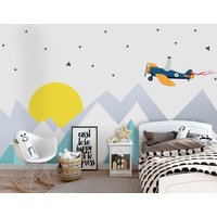 Kindertapete Berge Türkis Whaite Grau Kinderzimmer Wanddekoration Berglandschaft Sonne Flugzeug Fototapete Vinyl Große Wand Wandbilder von DecorationBoutiqShop