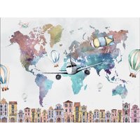 Aquarell Weltkarte Niedliche Häuser Und Flugzeug Kinderzimmer Wanddekor Foto Tapete Luftballons Große Wandbilder von DecorationBoutiqShop