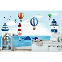 Leuchttürme Segelboot Luftballons Marine Baby Fototapete Kinderzimmer Wand Dekor Vinyl Große Wandbilder Kinder Wandkunst von DecorationBoutiqShop