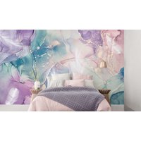 Lila Lavendel Türkis Fluid Art Mit Weißen Federn Tapete Moderne Wand Dekor Funkelt Vinyl Fototapete Marmor Große Wandbilder von DecorationBoutiqShop