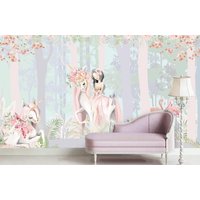 Märchen Rosa Wald Mit Einhorn Flamingo Und Prinzessin Tapete Raum Für Prinzessinnen Moderne Wand Dekor Aquarell Blumen Fototapete von DecorationBoutiqShop