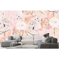 Mode-Muster Mit Durchgehender Linie Tapete Rosa Blumen & Blätter Moderne Wand Dekor Vinyl Fototapete Zeichnung Frau Gesicht Große Wandbilder von DecorationBoutiqShop