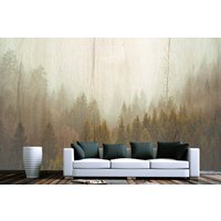 Nebelwald Auf Holzbohlen Tapete Moderne Wanddekoration Designer Rustikal Fototapete Vinyl Premium Qualität Große Wand Wandbilder von DecorationBoutiqShop