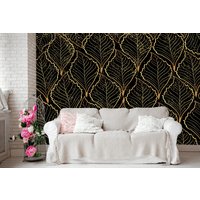 Schwarze Kunst Tapete Wandbild Goldene Blätter Moderne Wand Dekor Elegante Vinyl Fototapete Premium Qualität Große Wandbilder Wohnzimmer von DecorationBoutiqShop